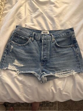 Agolde Light Blue Ripped High-Rise Denim Shorts